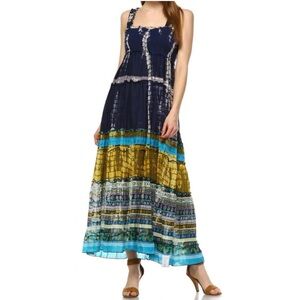 Chaudry KC Hand Dyed Boho Smocked Top Tiered Maxi Dress in Multicolor Navy XL